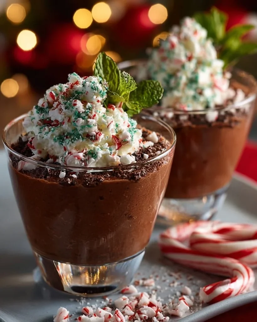 Delicious Chocolate Peppermint Mousse topped with mint leaves