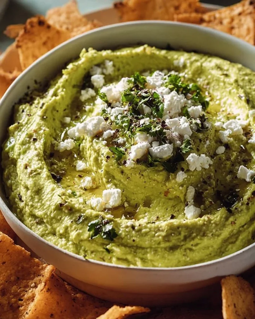 Creamy avocado feta dip served with fresh vegetables and chips