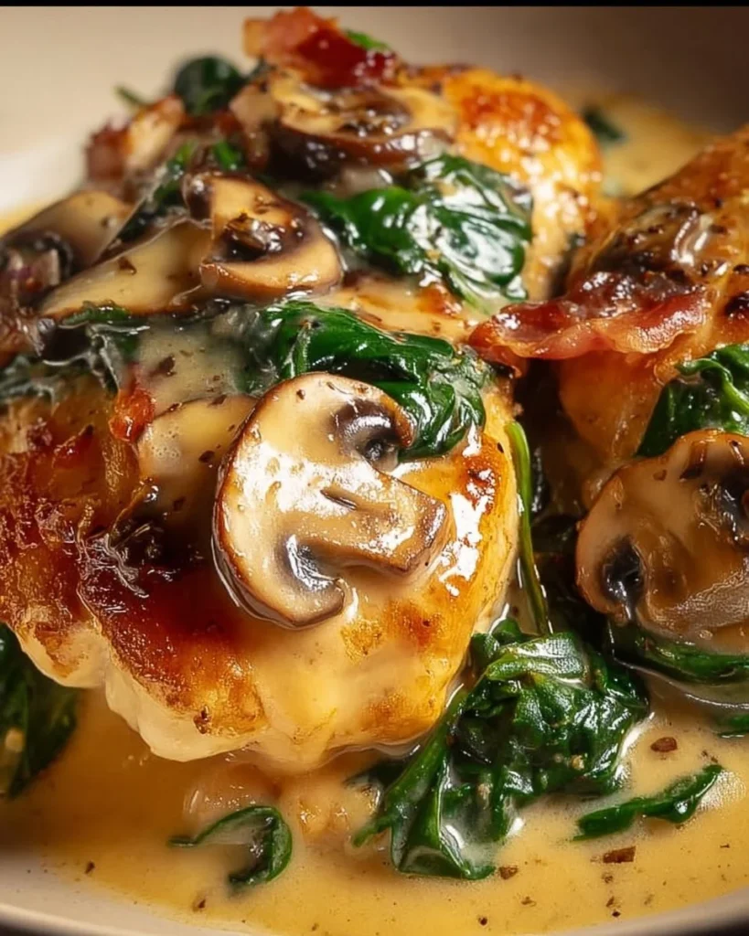 Creamy garlic mushroom chicken with spinach in a skillet