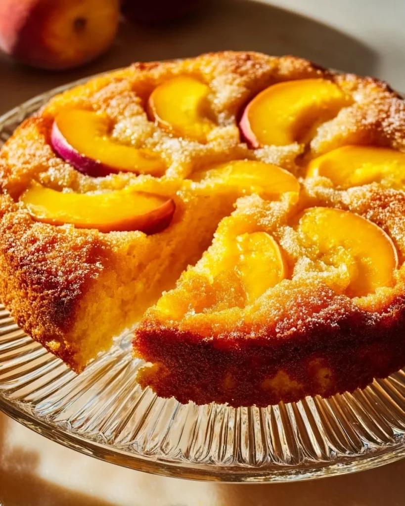 Slice of delicious peach coffee cake on a plate, perfect for brunch.