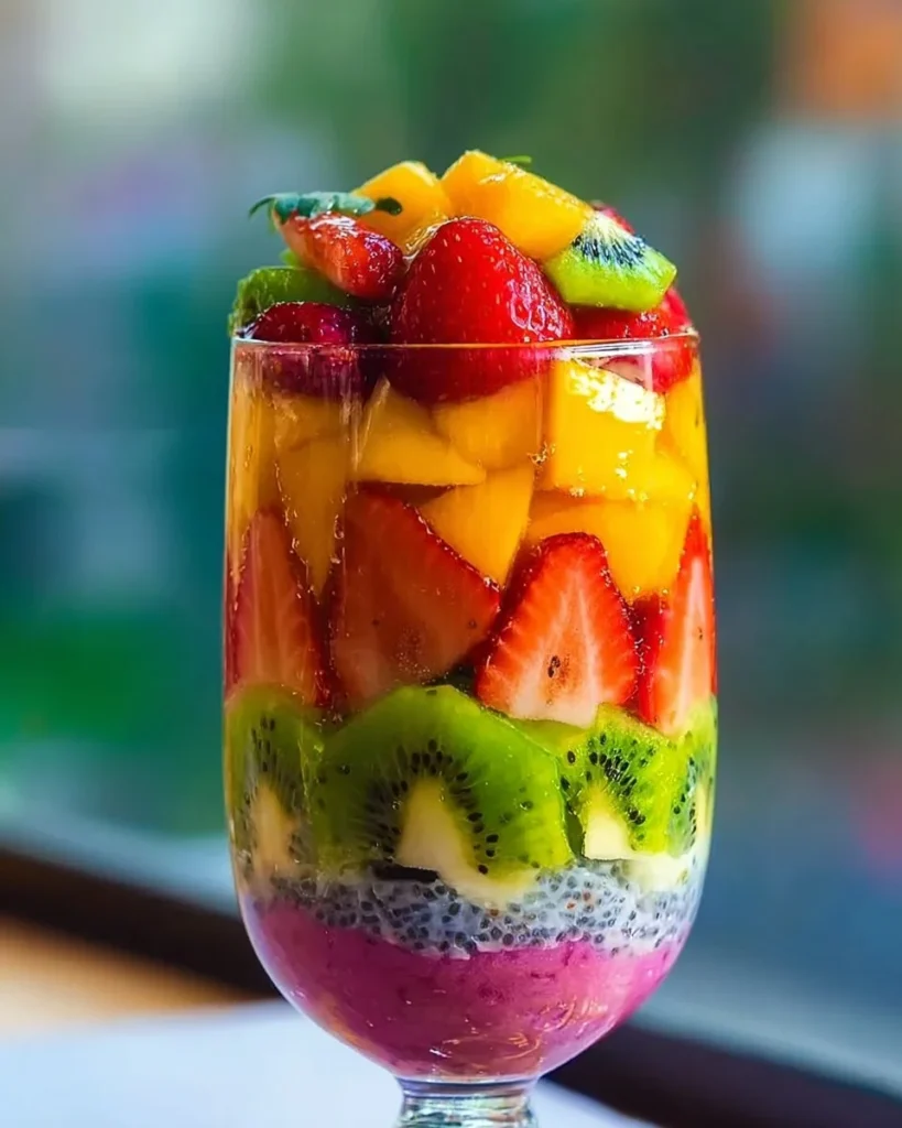 Colorful Rainbow Chia Pudding parfait with layers of fruits and chia seeds