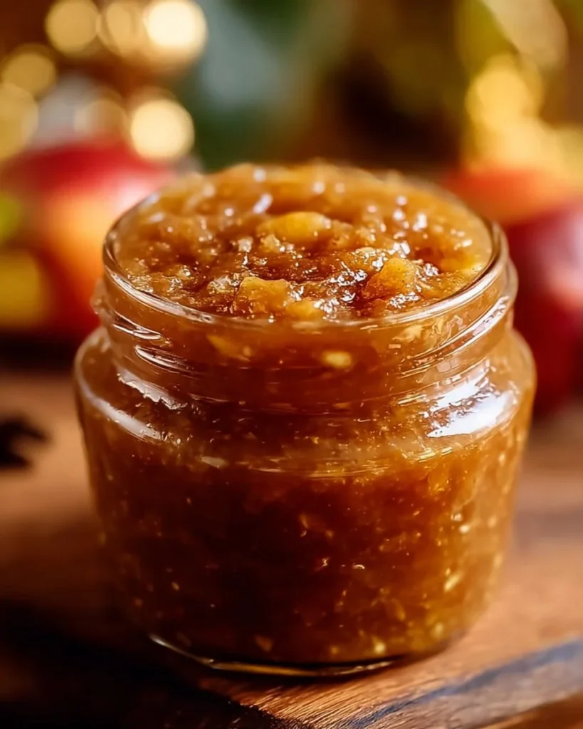 Homemade easy fall caramel apple jam in a glass jar