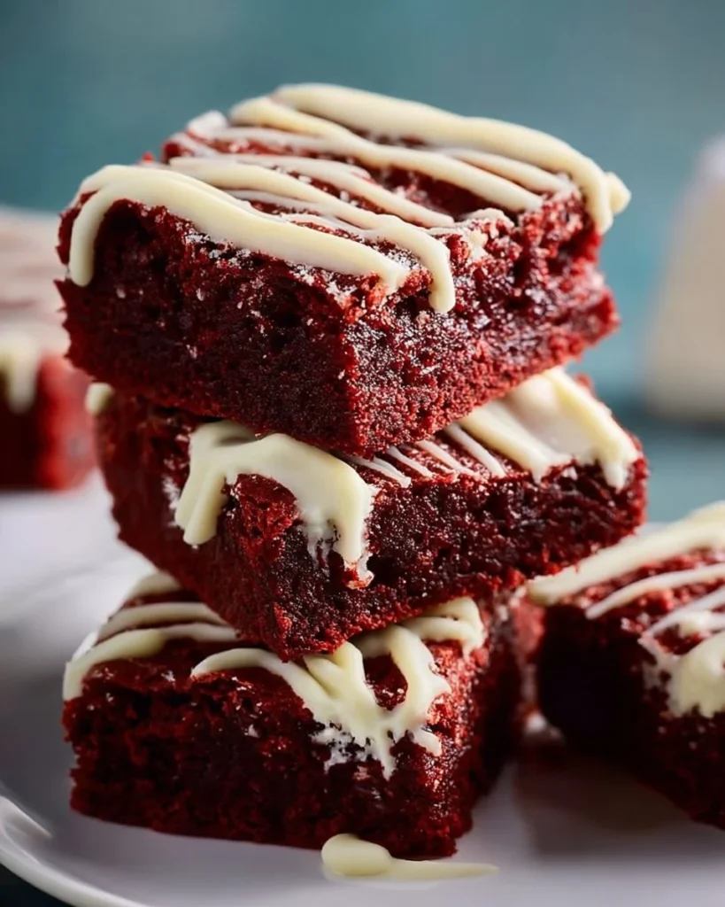 Delicious fudgy red velvet brownies served on a plate.
