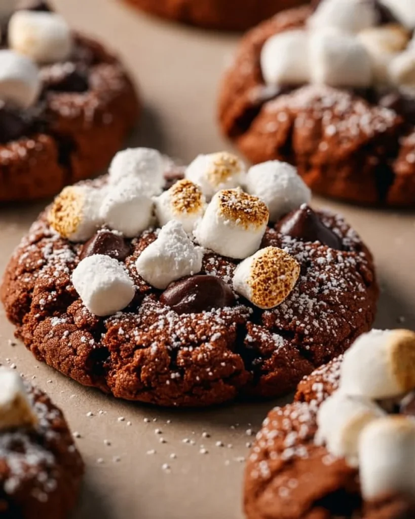 Delicious hot chocolate cookies on a wooden table, topped with marshmallows.