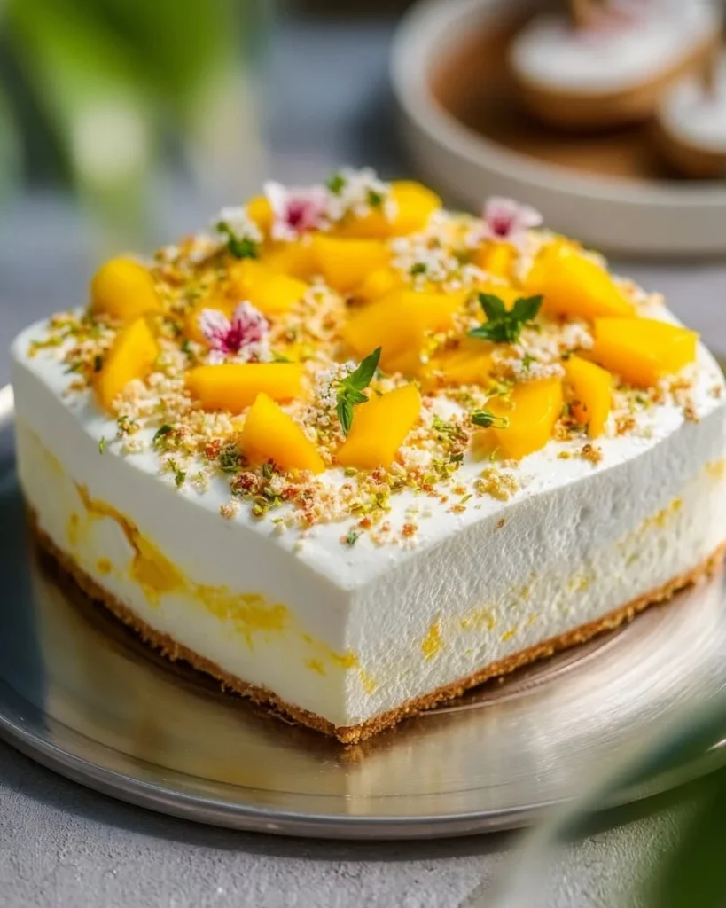 Delicious Mango Lassi Tres Leches Cake topped with fresh mango slices and cream