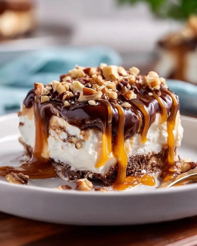 No-bake turtle lasagna dessert featuring chocolate, caramel, and pecans layers.