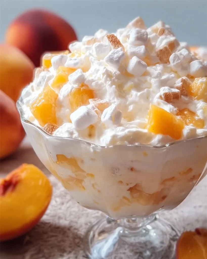 Delicious Peach Fluff dessert in a bowl with fresh peaches and whipped cream