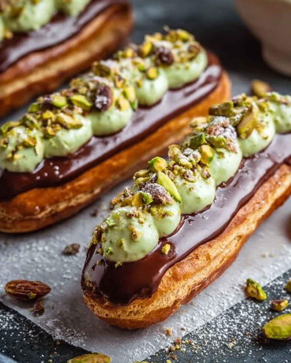 Pistachio Éclairs with Dark Chocolate Glaze