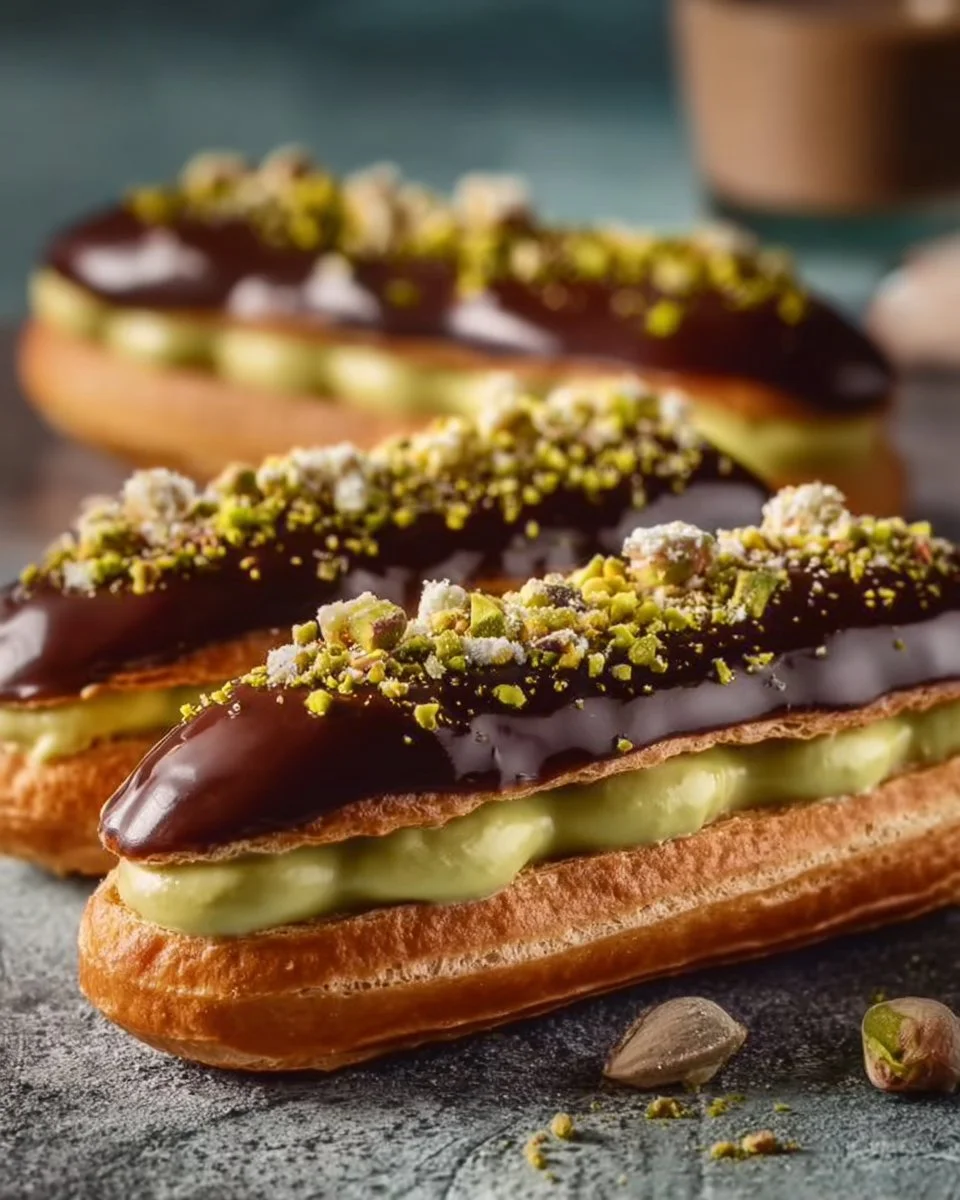 Pistachio Éclairs with Dark Chocolate Glaze