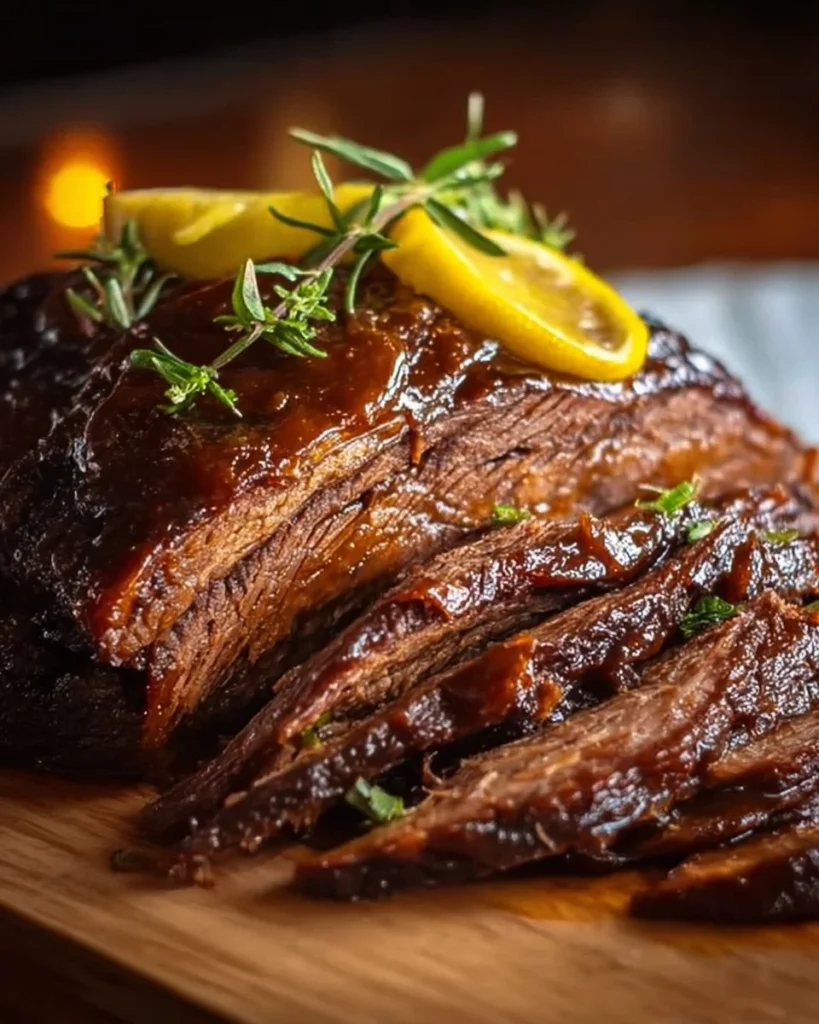Delicious slow cooked beef brisket served with sides.