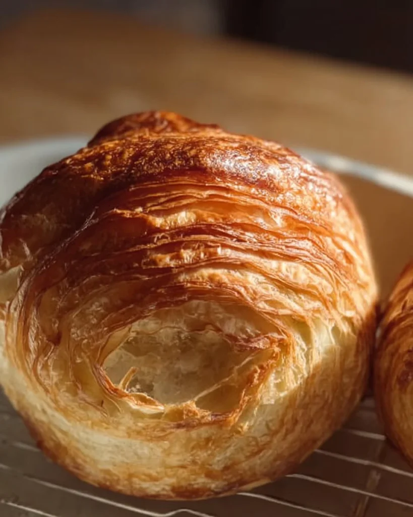 Fresh sourdough croissant bread with flaky layers and golden crust