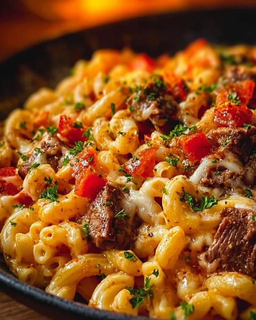 Bowl of Steak Queso Mac topped with pepper jack cheese and garnished