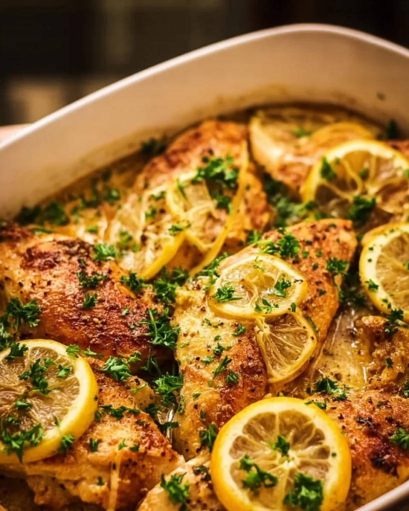 Baked lemon butter chicken garnished with herbs and lemon slices.