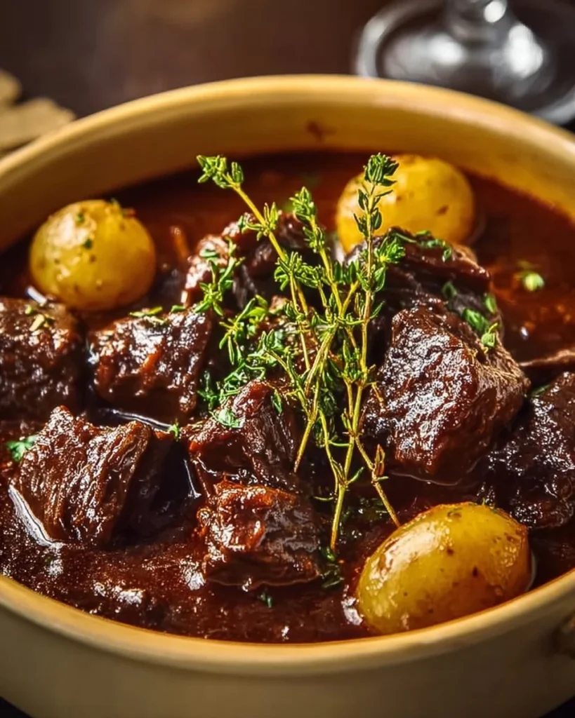 Delicious bowl of Beef Stifado stew with tender meat and aromatic spices.