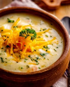 Bowl of creamy potato soup topped with herbs and spices