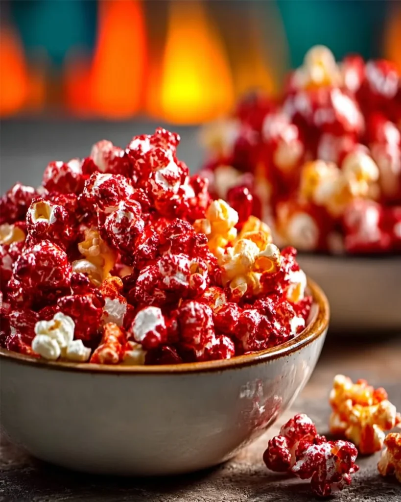 Bloody red velvet popcorn served in a bowl for Halloween-themed snacks