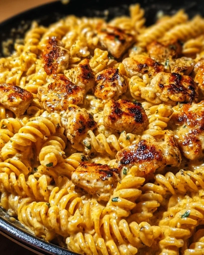 Cheesy Cajun Garlic Chicken Rotini Skillet with creamy sauce and spices