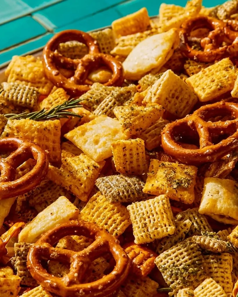Bowl of Cheesy Ranch Chex Mix with crunchy snacks and ranch seasoning