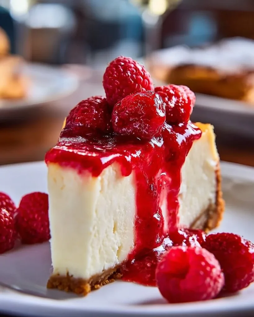 Classic cheesecake with raspberry sauce drizzled on top.