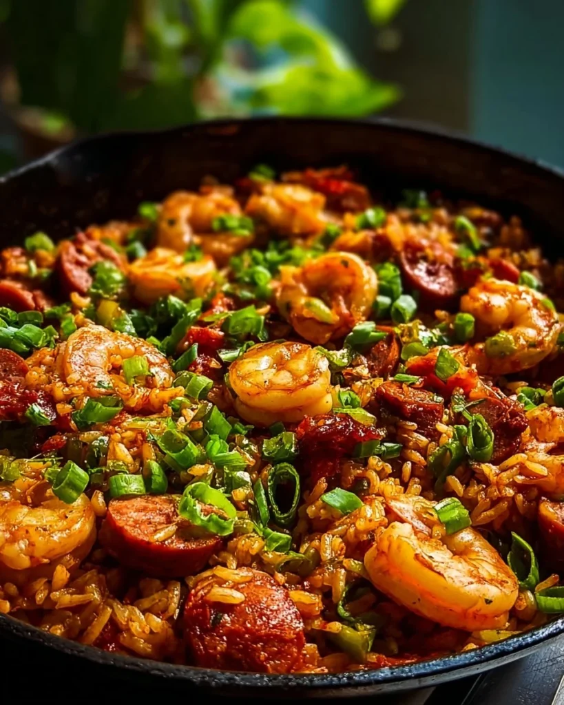 A delicious bowl of Classic Jambalaya with rice, shrimp, and spices.