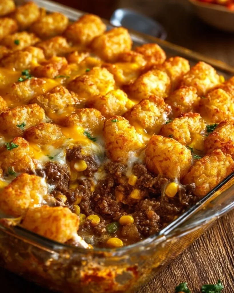 Delicious Cowboy Casserole topped with cheese and veggies