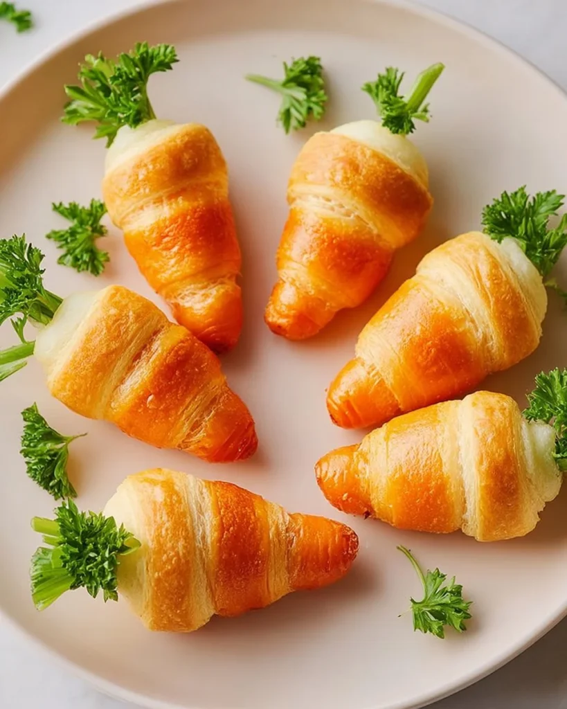 Cute crescent roll carrots displayed on a platter for a festive snack.