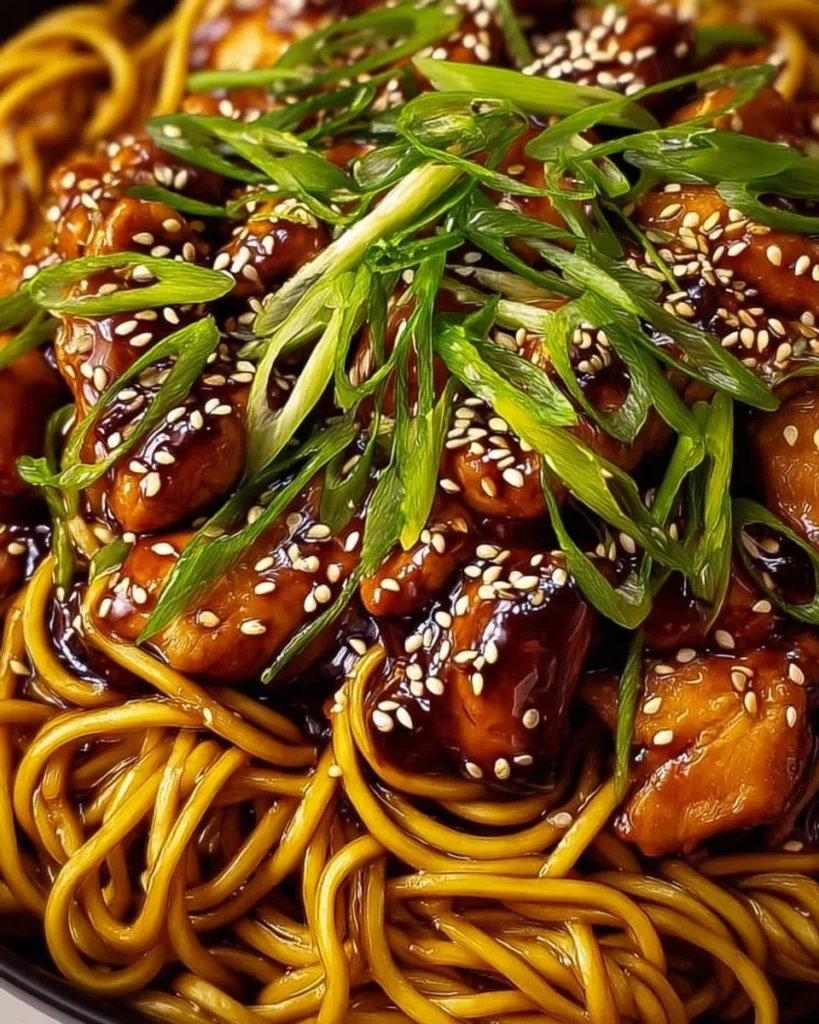 Delicious bowl of chicken teriyaki noodles with colorful vegetables and teriyaki sauce