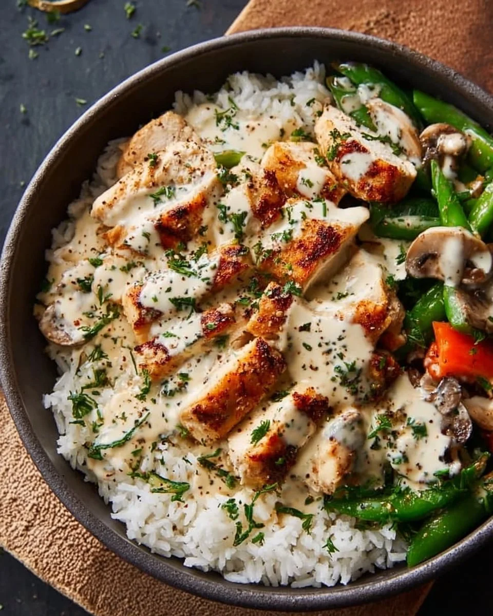 Easy Chicken & Rice Bowls with Creamy Garlic Sauce