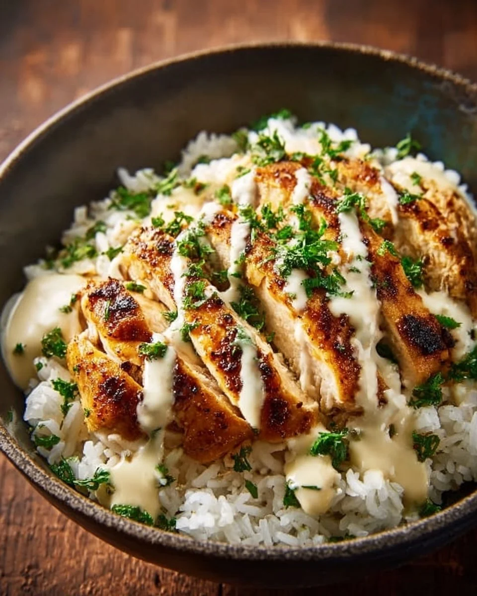 Easy Chicken & Rice Bowls with Creamy Garlic Sauce