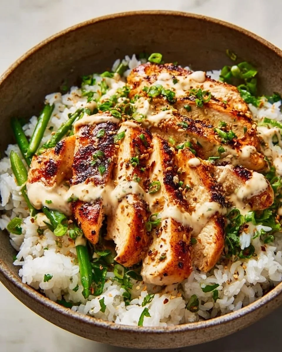 Easy Chicken & Rice Bowls with Creamy Garlic Sauce