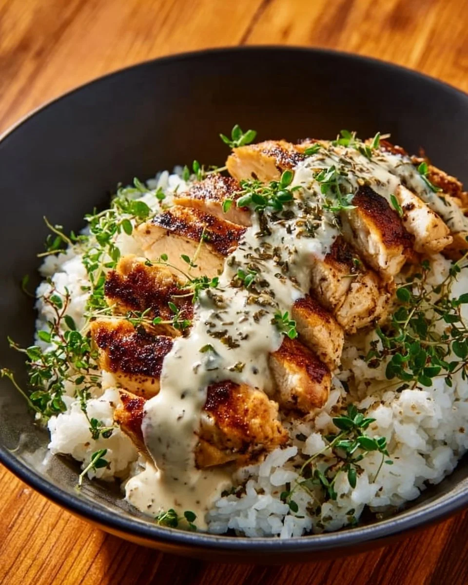 Easy Chicken & Rice Bowls with Creamy Garlic Sauce