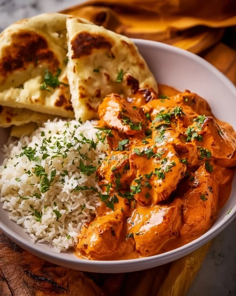 Easy homemade butter chicken served with naan bread