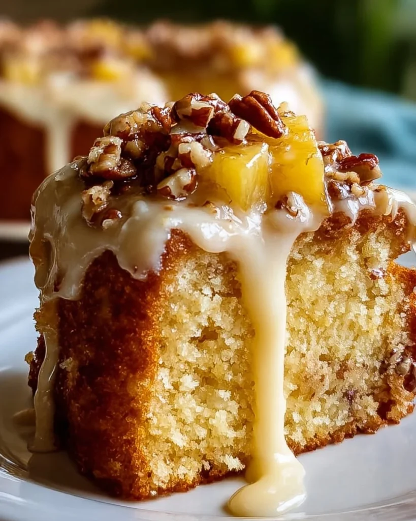 A delicious slice of Hawaiian Pineapple Cake topped with pineapple slices and whipped cream.