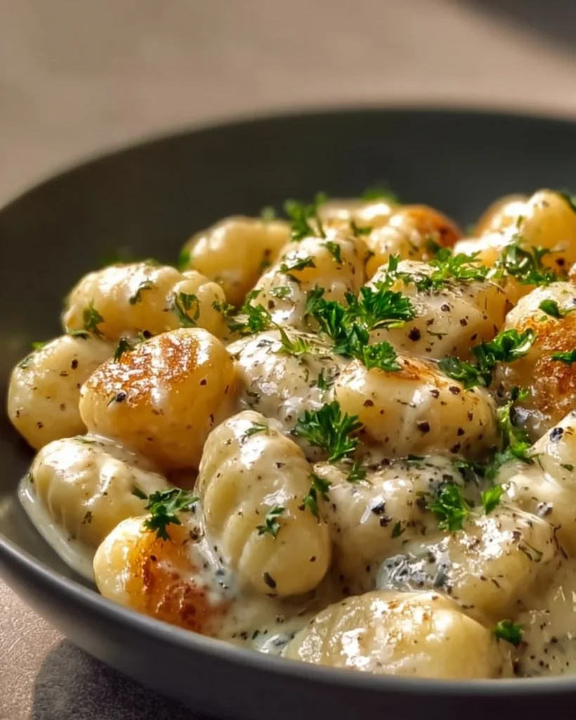 Delicious plate of heavenly millionaire gnocchi with creamy sauce and herbs.