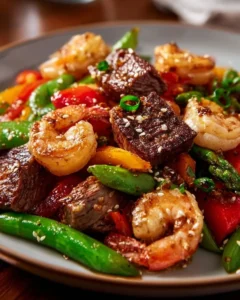 High-protein steak and shrimp stir-fry with colorful vegetables