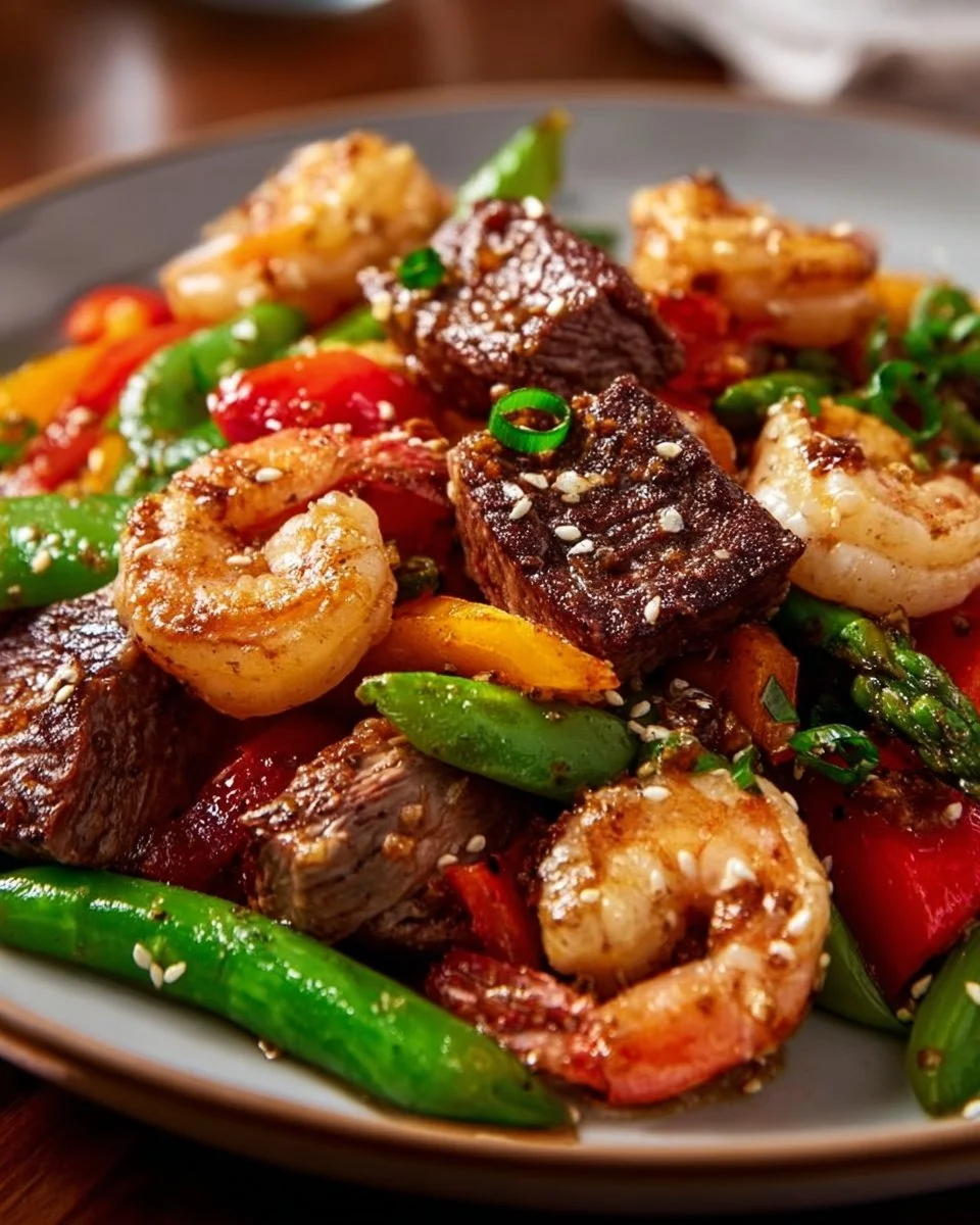 High-protein steak and shrimp stir-fry with colorful vegetables