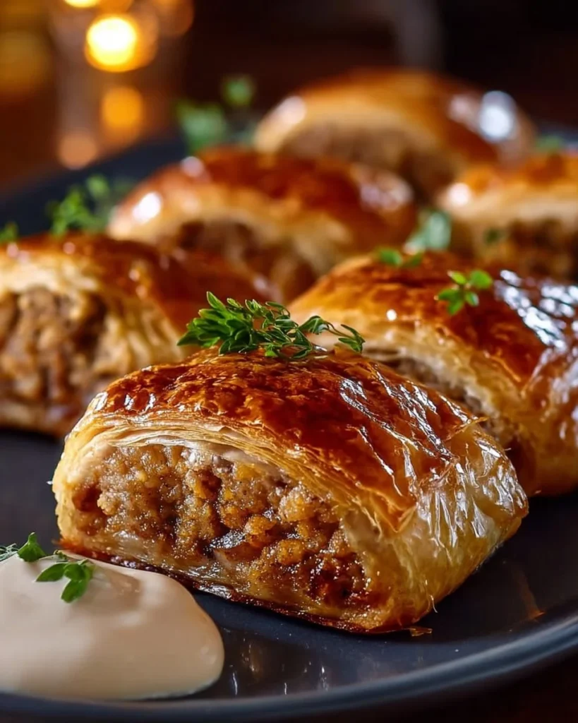 Delicious French Onion Sausage Rolls garnished and ready to serve.