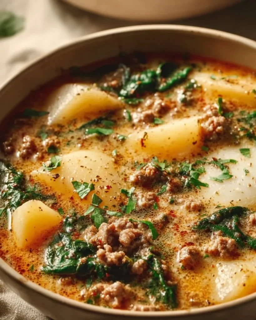 Bowl of Italian sausage and potato soup garnished with herbs