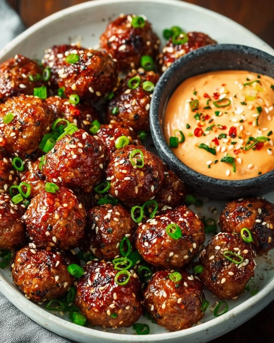 Korean BBQ Meatballs with Spicy Mayo Dip