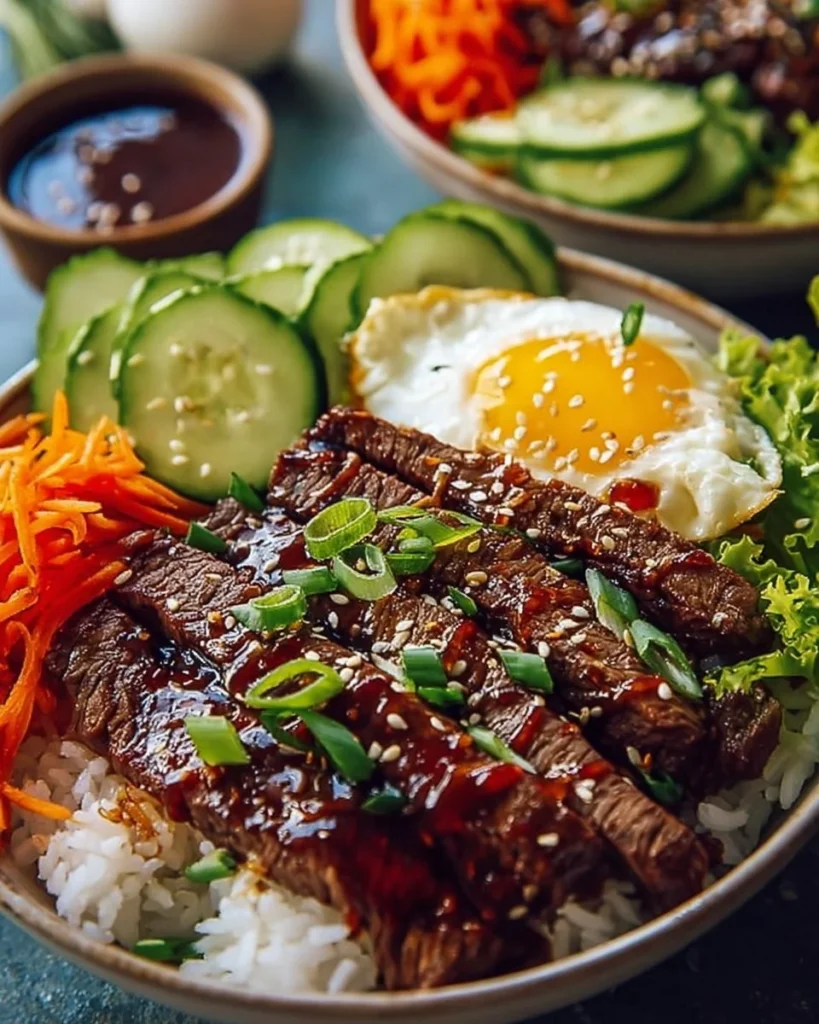 Delicious Korean BBQ steak rice bowl with vegetables and spices