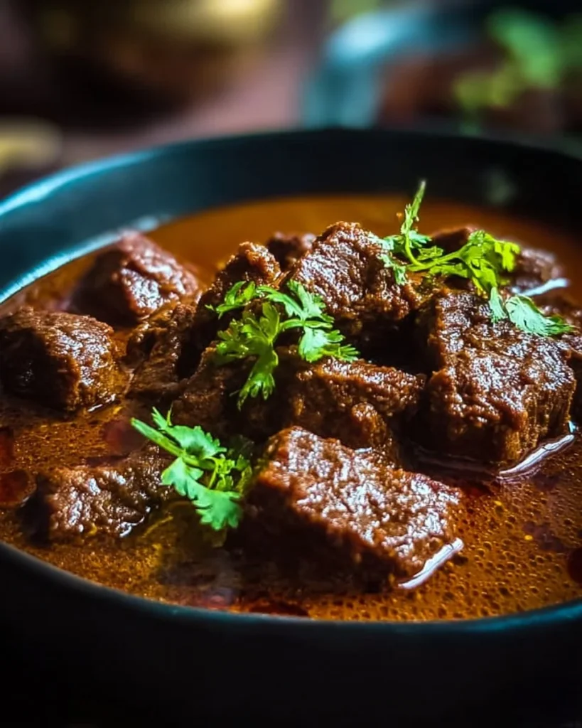 Delicious Lamb Curry served with rice and garnished with fresh herbs.