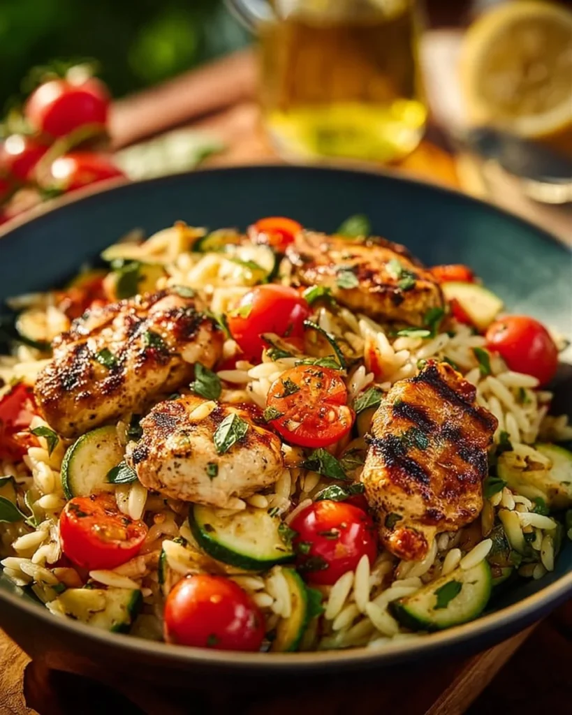 Mediterranean Chicken and Rice Bowl with fresh veggies and herbs served in a bowl