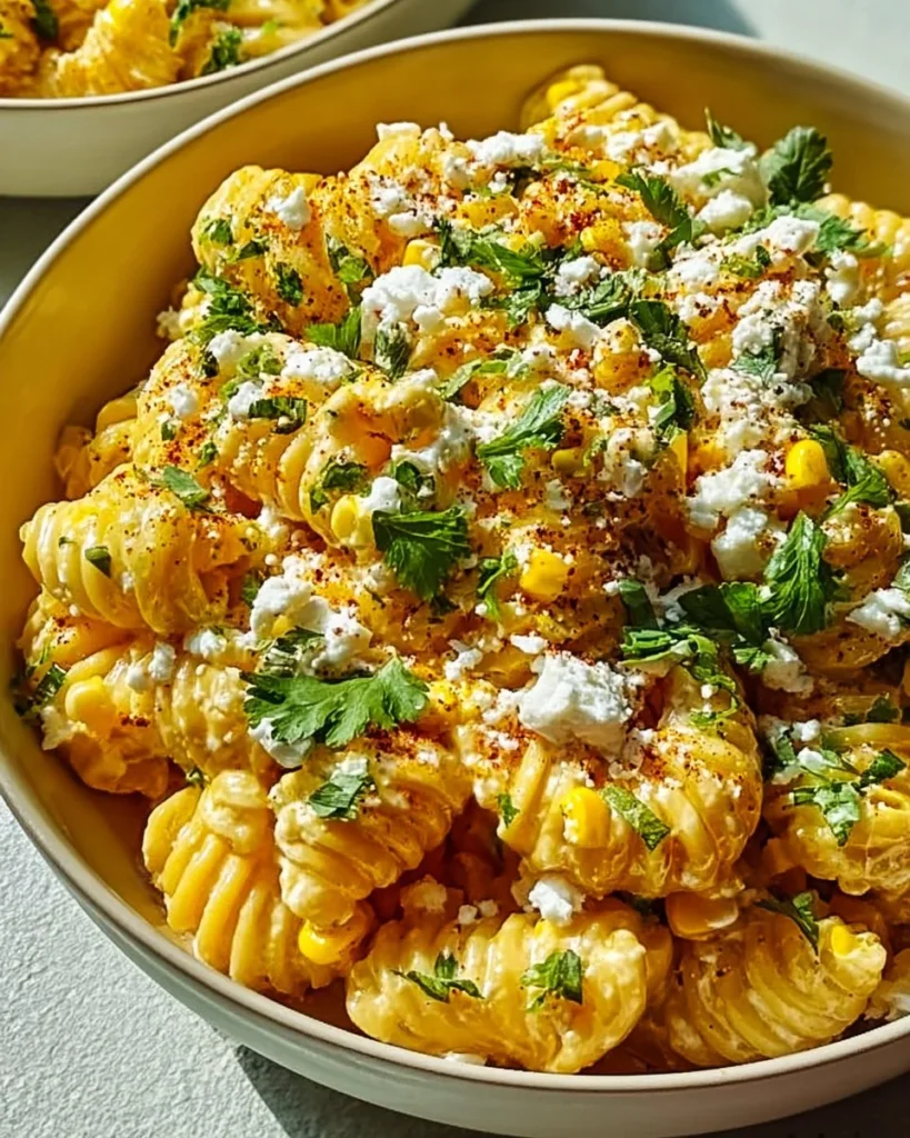 Bowl of Mexican Street Corn Pasta Salad garnished with lime and cilantro