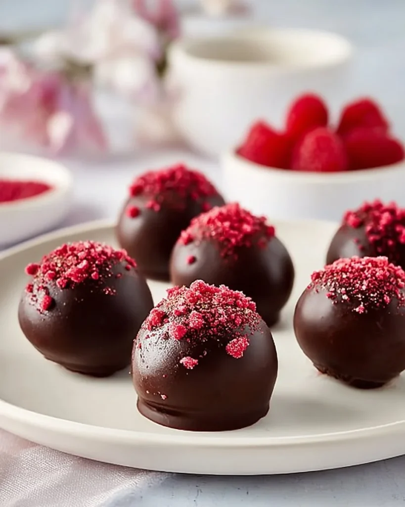 Delicious no-bake raspberry chocolate truffles on a plate
