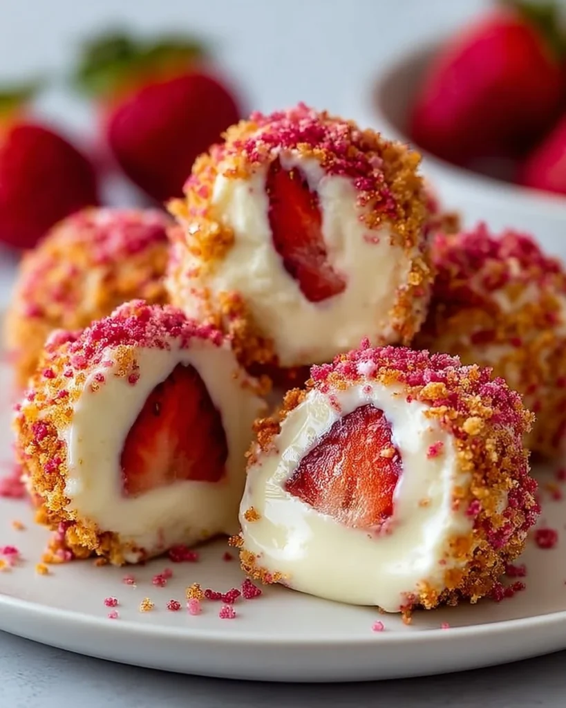 Strawberry crunch cheesecake bites on a platter