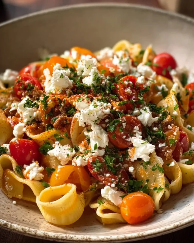 Delicious bowl of viral Turkish pasta topped with fresh ingredients.