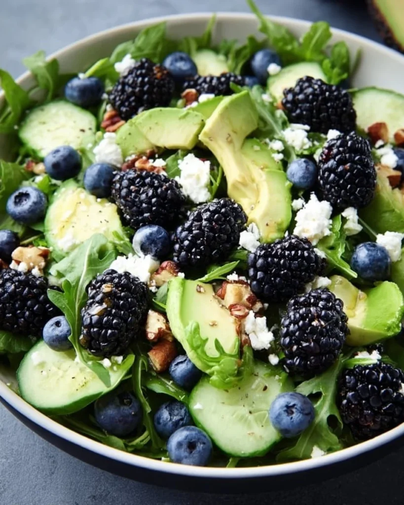Delicious Blackberry Avocado Salad topped with fresh blackberries and ripe avocados