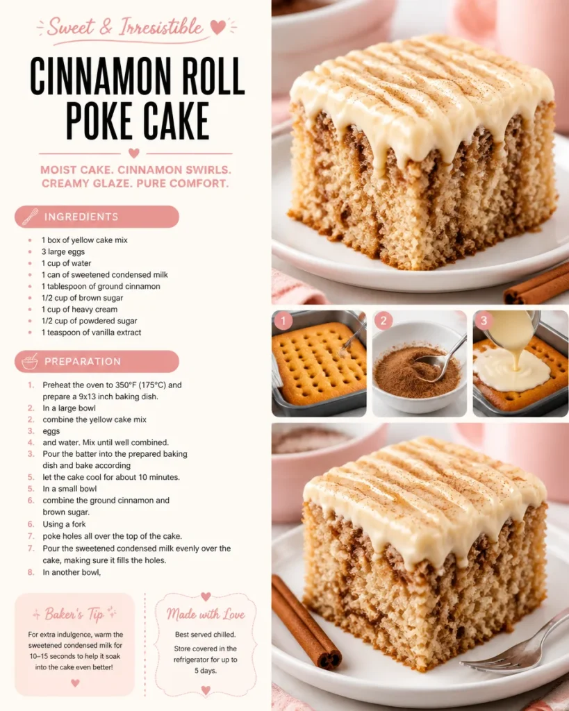 Delicious cinnamon roll poke cake topped with icing and cinnamon