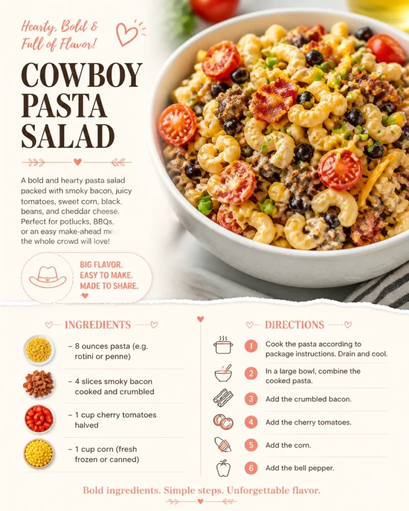 A vibrant Cowboy Pasta Salad with colorful vegetables and pasta in a bowl.