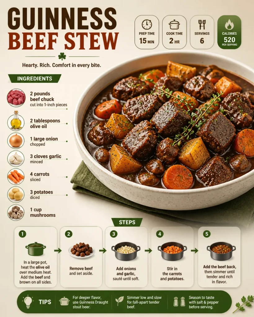 Hearty Guinness beef stew in a bowl with potatoes and carrots